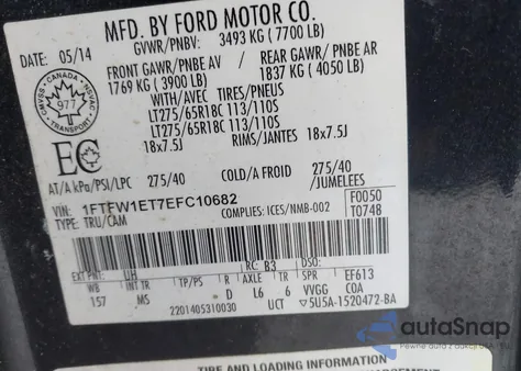 2014 Ford F-150 Xlt from USA, damaged, VIN 1FTFW1ET7EFC10682